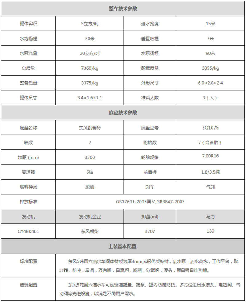 國六5噸灑水車參數(shù)